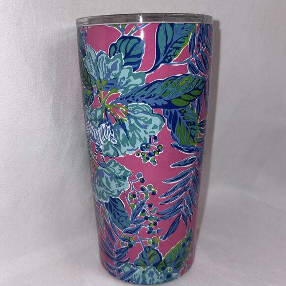 Lilly Pulitzer Pink Green Floral Ceramic Tumbler Gold Lid Coffee Travel Mug Cup - Picture 2 of 6